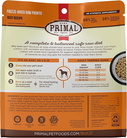 Primal Freeze Dried Dog Food Pronto, Beef; Scoop & Serve, Complete & Balanced Meal; Also Use as Topper or Treat; Premium, Healthy, Grain Free High Protein Raw Dog Food (25 oz)