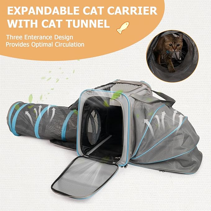 Cat Travel Carrier with Litter Box for Car, Expandable Cat Carrier with Collapsible Cat Travel Tube, Travel Cat Carrier with Cat Tunnel for Car Travel, Camping, up to 20 lb to Road Trip, Grey