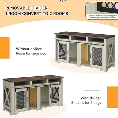 71" Extra Large Dog Crate Furniture 2 Dogs Dogs,3 Storage,White/Dark