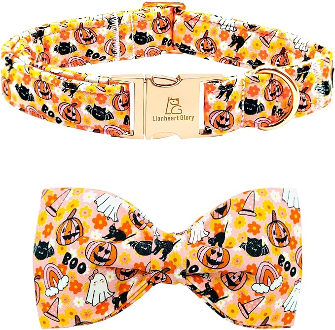 Lionheart glory Halloween Dog Collar with Bowtie Fall Pumpkin Ghost Cat Print Dog Collars Bow Tie Heavy Soft Adjustable Collar for Small Dogs Dog Bow Collar Holiday Pet Gift