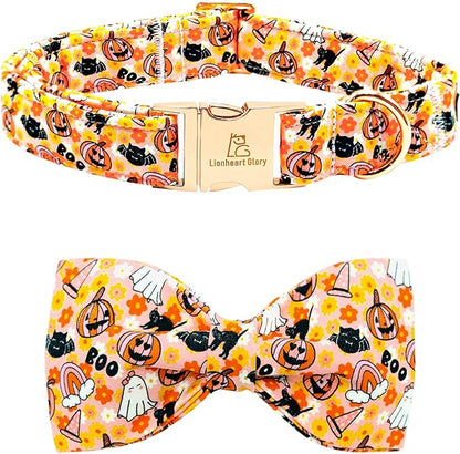 Lionheart glory Halloween Dog Collar with Bowtie Fall Pumpkin Ghost Cat Print Dog Collars Bow Tie Heavy Soft Adjustable Collar for Large Dogs Dog Bow Collar Holiday Pet Gift