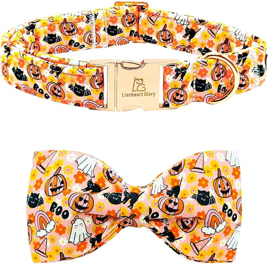 Lionheart glory Halloween Dog Collar with Bowtie Fall Pumpkin Ghost Cat Print Dog Collars Bow Tie Heavy Soft Adjustable Collar for Large Dogs Dog Bow Collar Holiday Pet Gift