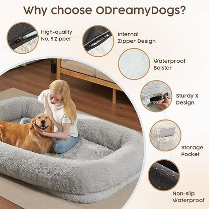 Human Dog Bed Cover (No Filler, Cover only), Human Size Dog Bed Cover Replacement, Suit for 72"x48"x10", 290 GSM Calming Fluffy Plush Cover Washable Removable Anti-Slip, Frost Grey