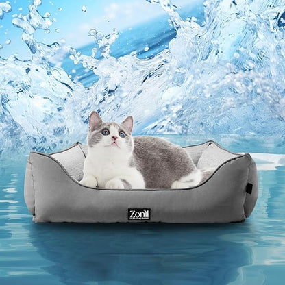 ZonLi Cooling Dog Bed, Dog Bed for Small Dogs & Cats, Dog Cooling Bed with Bolsters Waterproof, for Dogs Up to 15 lbs, Pet Bed with Washable Cover, Non-Slip Bottom, Without Gel, Arctic Grey