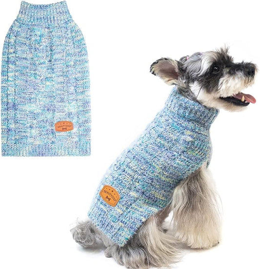 BEAUTYZOO Small Dog Sweater -Turtleneck Pullover Classic Cable Knit Fuzzy Winter Coat Dog Cold Weather Clothes for Small Medium Dogs Puppy Girl Boys(Gradient Cyan, L)