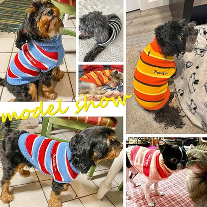 BEAUTYZOO Small Dog Sweater- Striped Pet Sweaters for Spring Summer Dog Clothes, Turtleneck Pullover Knitwear for Small Medium Large Dogs, Warm Coat Easter Outfit for Chihuahua Puppy Cat Boys Girls