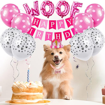 13 Pcs Dog Birthday Party Supplies Decorations Cute Dog Girl Birthday Bandanas Set Pink Tutu Skirt Dog Crown Hat Pearl Necklace Happy Birthday Banner 9 Pink Woof Paw Balloons Toy for Puppy Pet Cat Dog