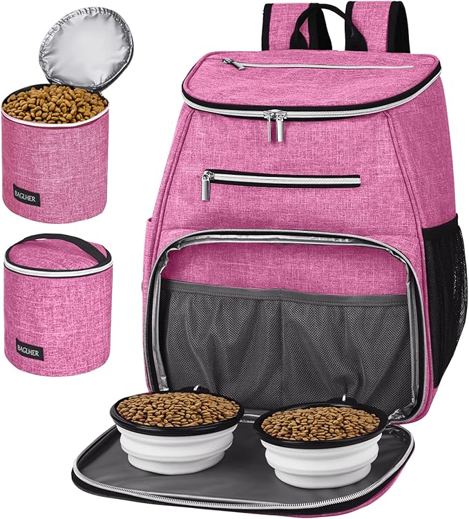 BAGLHER丨Dog Travel Bag Backpack, Airline Approved Pet Supplies Backpack, Dog Travel Backpack with 2 Silicone Collapsible Bowls and 2 Food Baskets Pink