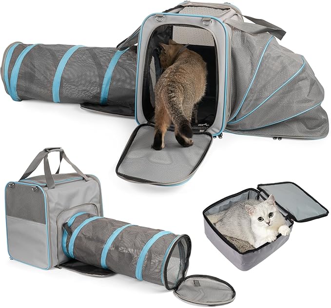 Cat Travel Carrier with Litter Box for Car, Expandable Cat Carrier with Collapsible Cat Travel Tube, Travel Cat Carrier with Cat Tunnel for Car Travel, Camping, up to 20 lb to Road Trip, Grey