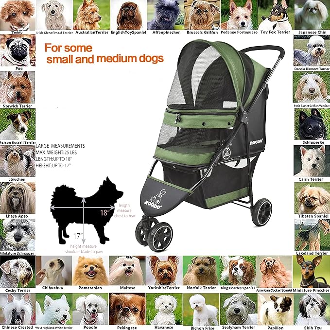 ROODO Dog Stroller 3Wheel Pet Stroller Cat Stroller 30lbs Small
