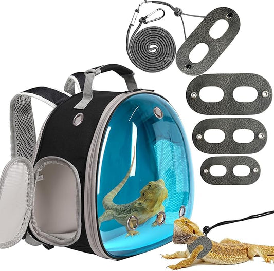 Guinea Pig Carrier,Guinea Pig Carrier for 2,Reptile Travel Carrier for Lizards Sugar Glider Hedgehog Rat Parrot Birds (Black-Blue, Backpack+Harness Leash)