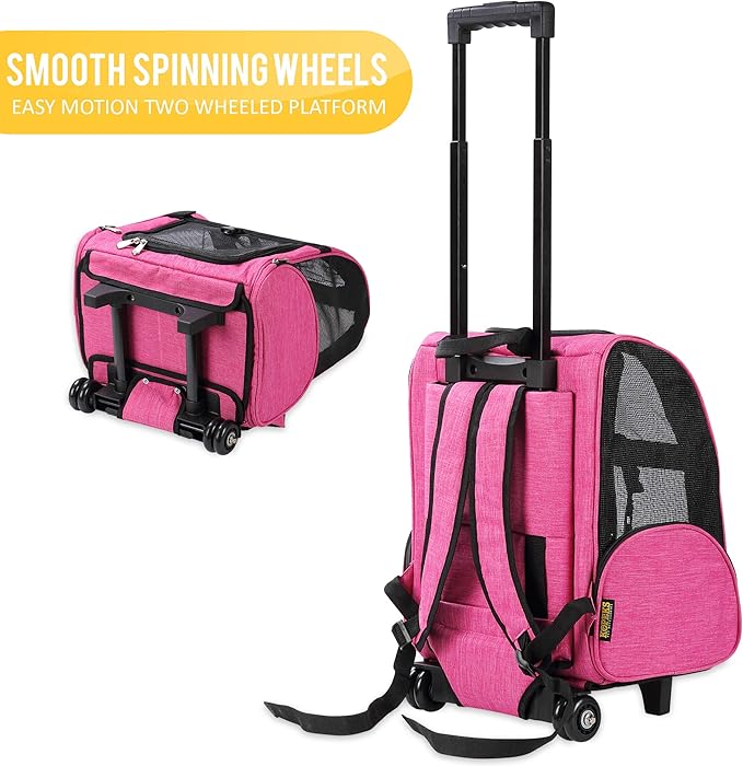 KOPEKS Deluxe Backpack Pet Travel Carrier with Double Wheels - Pink - Large (KPS-1115)