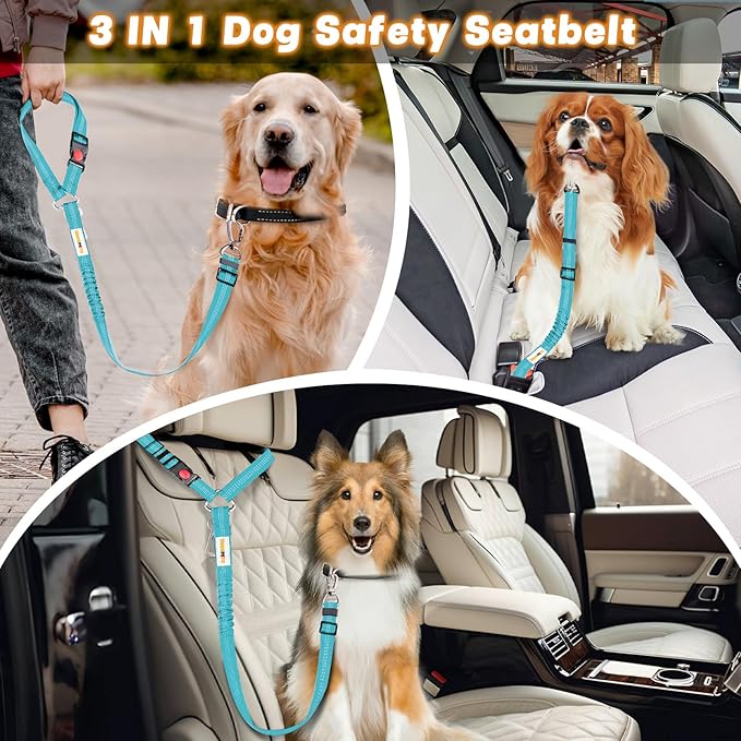 Dog Seat Belt for Car, Adjustable 4-in-1 Dog Car Seatbelt Leash with Hook & Buckle, Reflective Dog Seatbelt Harness for Car with Vehicle Car Headrest & Swivel Carabiner and Poop Bag, Sky Blue