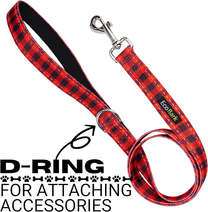 EcoBark Dog Leash - 4 FT / 5 FT / 6 FT Reflective Dog Leash- Eco-Bright Dog Leashes with Padded Handle - Strong Heavy Duty Dog Leash - Nylon Dog Leash for Small and Medium Dogs (Red Plaid Dog Leash)