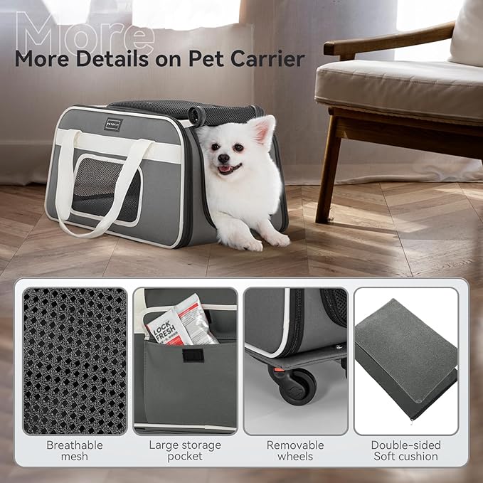 PETSFIT Airline Approved Cat Carrier with Wheels Designed for Small Dogs/Cats with Adjustable Safety Rope & Removable Wheels