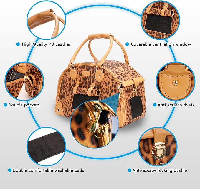 Dog Carrier, Cat Carrier, Pet Carrier, Foldable Premium PU Leather Dog Purse, Portable Tote Bag Carrier for Small to Medium Cats and Small Dogs（Leopard Print-Medium）