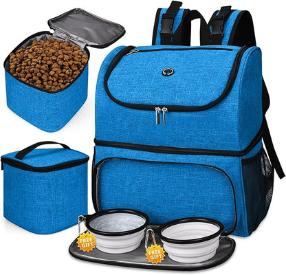 BAGLHER Pet Travel Bag, Double-Layer Pet Supplies Backpack (for All Pet Travel Supplies), Pet Travel Backpack with 2 Silicone Collapsible Bowls and 2 Food Baskets Blue