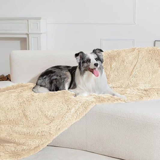 gogobunny Waterproof Plush Long Faux Fur Pet Throw Blanket Ultra Soft Fluffy Bed Couch Cover Washable (50x60 Inch 1), Beige)