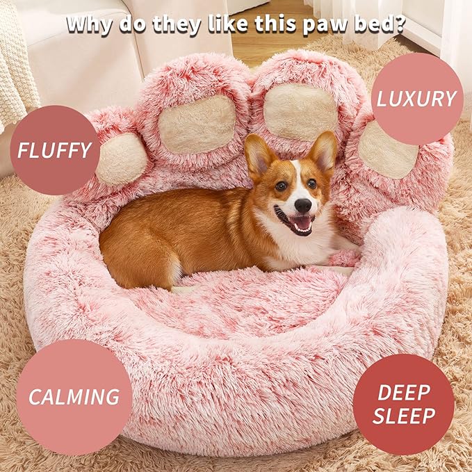 Jiupety Cute Pink Round Calming Dog Bed of Paw Shape