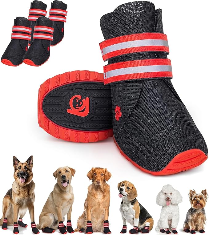 Breathable Anti-Slip Dog Shoes 2.0 - with Elastic Straps for Small, Medium & Large Dogs | x4 Dog Boots for Summer Hot Pavement, Hiking, Rain, Heat & General Paw Protection | Size 65