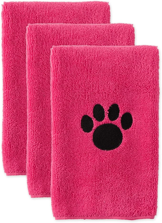 Bone Dry Pet Grooming Towel Collection Embroidered Absorbent Microfiber Drying Set 15x30, Raspberry 3 Count