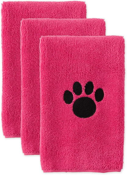 Bone Dry Pet Grooming Towel Collection Embroidered Absorbent Microfiber Drying Set 15x30, Raspberry 3 Count