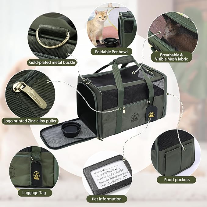 Luxury Pet Carrier for Dogs, Cats, Puppies - Airline TSA Approved, Durable Anti-Scratch Fabric, Soft-Sided, Consistent Airflow, Foldable Design, Cushion Pad, Travel (Olive Green, Large)