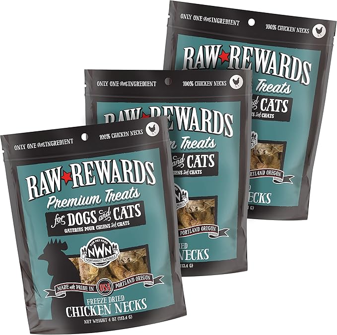 Northwest Naturals Raw Rewards Freeze-Dried Chicken Neck Treats for Dogs and Cats - Bite-Sized Pieces - Healthy, 1 Ingredient, Human Grade Pet Food, All Natural - 4 Oz (Pack of 3) (Packaging May Vary)