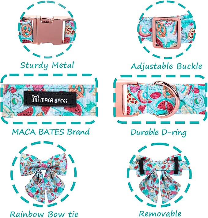 Maca Bates Summer Dog Collar with Fruit Icecream Print Bow Bowtie for Dogs Adjustable Breakaway Bow Tie Cute Puppy Collars Birthday Gift for Small Medium Large Girl Boy Male Female Puppies Pets