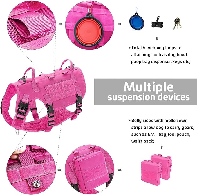 Forestpaw Pink Tactical Dog Harness for Large Dogs,Tactical Dog Collar with Bungee Leash Set,No Pull Military Dog Harness for Dog Walking Training,Adjustable for Medium Large Dogs,S