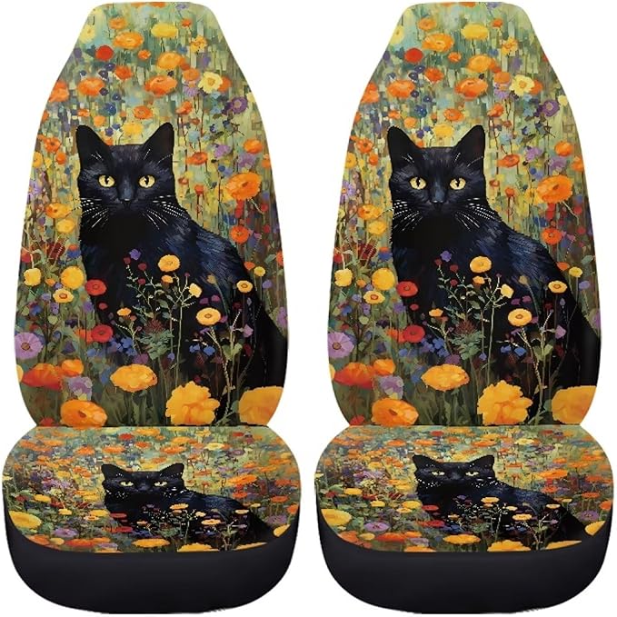 Black Cat Flower Car Seat Covers Front Seats Only Bucket Seat Covers Car Seat Covers for Women Universal Fit Automotive Seat Covers for SUV
