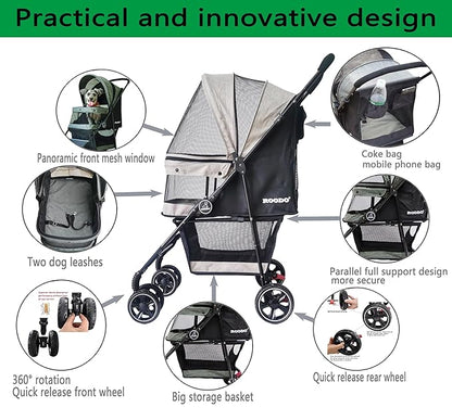 ROODO Dog Stroller 4 Wheel Pet Stroller Cat 30lbs(Light Khaki)