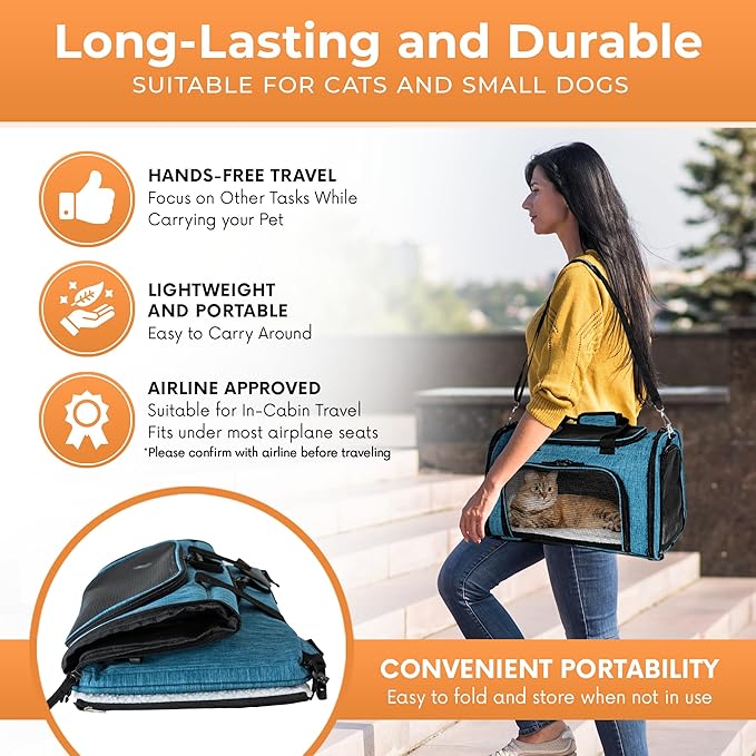 DCSP Pets Pet Carrier - Versatile Cat Carrier Converts to Backpack - Airline Approved Dog Bag Carrier with Mesh Widows - Suitable for Large Cats, Small Dogs - Soft Travel Carriers for Hiking, Walking