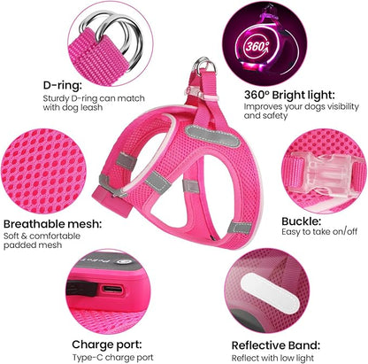 PcEoTllar Light Up Dog Harness, LED Dog Harness for Puppy Small Medium Dogs, Rechargeable No Pull Reflective Dog Harness, Flashing Lighted Dog Harness for Night Walking (Pink,M)