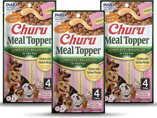 INABA Churu Meal Topper for Dogs, Complete & Balanced, Creamy, Lickable Purée Dog Food Topper, 0.5 Ounce Tube, 12 Tubes (4 per Pack) Chicken with Salmon Recipe