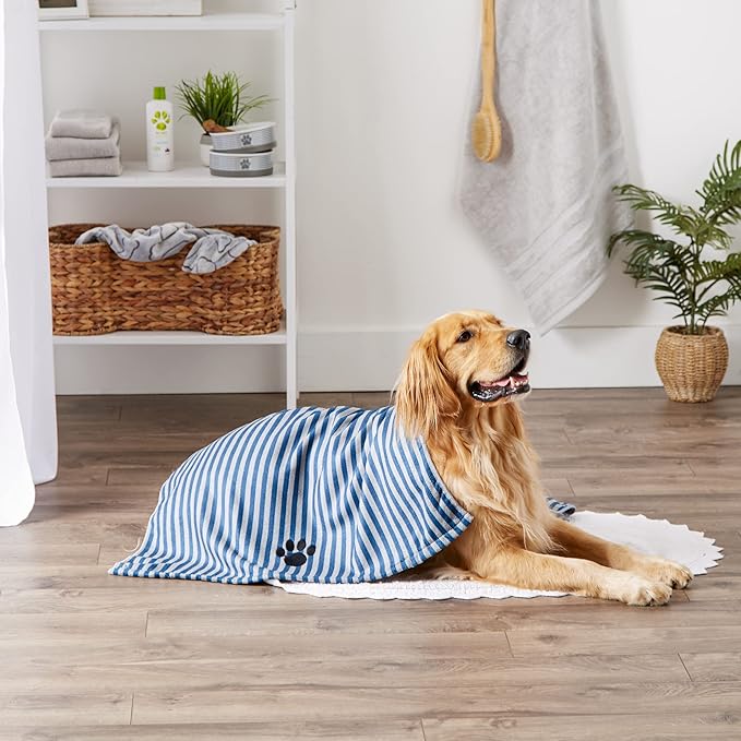 Bone Dry Pet Grooming Towel Collection Absorbent Microfiber X-Large, 41x23.5", Striped Navy