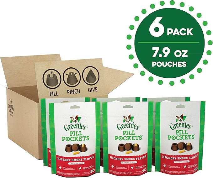 Greenies Pill Pockets for Dogs Capsule Size Natural Soft Dog Treats, Hickory Smoke Flavor, (6) 7.9 oz. Packs (180 Treats)