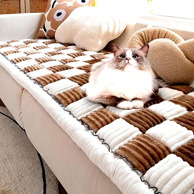 Funny Fuzzy Couch Cover, Funnyfuzzy Cream-Coloured Large Plaid Square Pet Mat Bed Couch Cover, Waterproof Blanket Dog Couch Cover, Pet Couch Protector,Non Slip Sofa Cover for Dogs,Cats