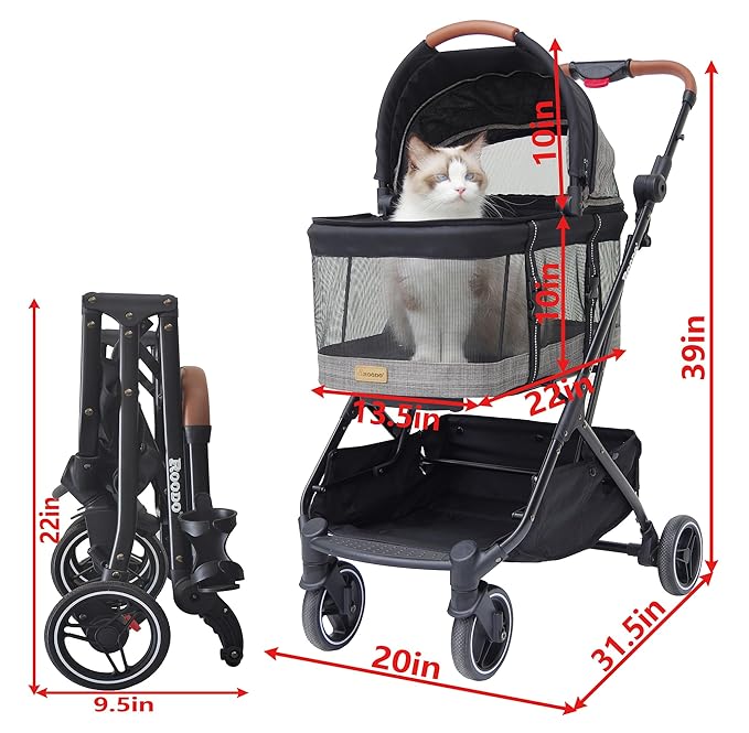 ROODO Dog Stroller Cat Stroller 3-in-1 Multifunctional 4 Wheels Lightweight Foldable Portable Detachble Pet Gear 30lbs Small