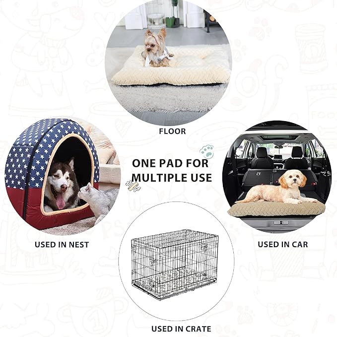 24 Inch Dog Crate Bed Crate Mats for Dog Cages Dog Bed for Small Dogs Crate Washable Dog Mats for Sleeping,Up to 25 lbs Soft and Fluffy Small Dog Bed for Crate Tire Printing Rice White S