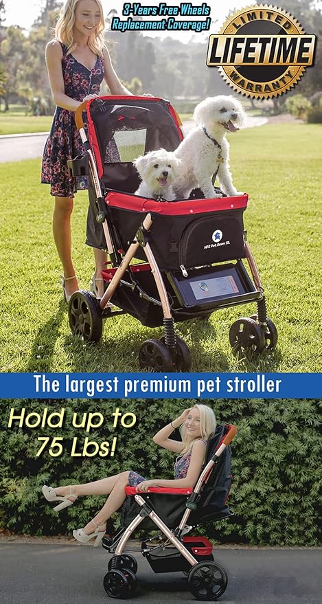 HPZ Pet Rover XL Extra-Long Premium Heavy Duty Dog/Cat/Pet Stroller Travel Carriage with Convertible Compartment/Zipperless Entry/Pump-Free Rubber Tires for Small 2nd-Gen)