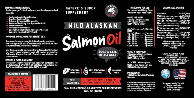 Pure Wild Alaskan Salmon Oil for Dogs & Cats 16oz - Relieves Scratching & Joint Pain, Improves Skin, Coat, Immune & Heart Health. All Natural Omega 3 Liquid Supplement for Pets, EPA + DHA Fatty Acids