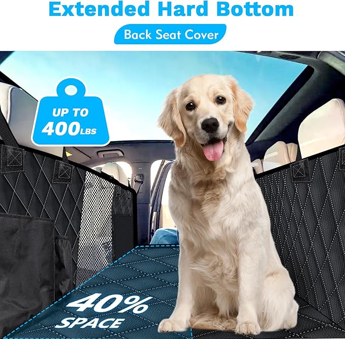 3 In 1 Back Seat Extender for Dogs, 40/60 Split Dog Car Seat Cover with Hard Bottom Dog Car Seat Bed Dog Hammock for Car Pet Backseat Protector with Mesh Window and Storage Pocket for Car(Dark Black)