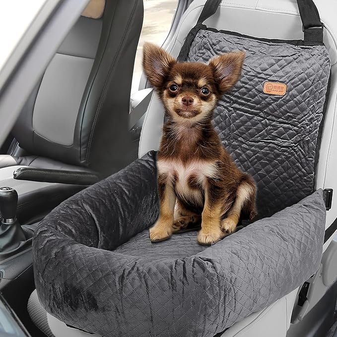 X AUTOHAUX Car Dog Bed Cat Seats Booster Seat Flannel Puppy Bed Back Car Dog Seat for Travel Safety Carseat/Carrier Detachable Washable Cover with Seat Belt for Medium Small Sized 5-15 lb