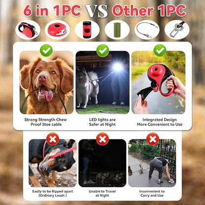 Retractable Dog Leash 16ft 360° Tangle-Free, 6-in-1 with 2 Poop 110lbs. (Red, 16ft)