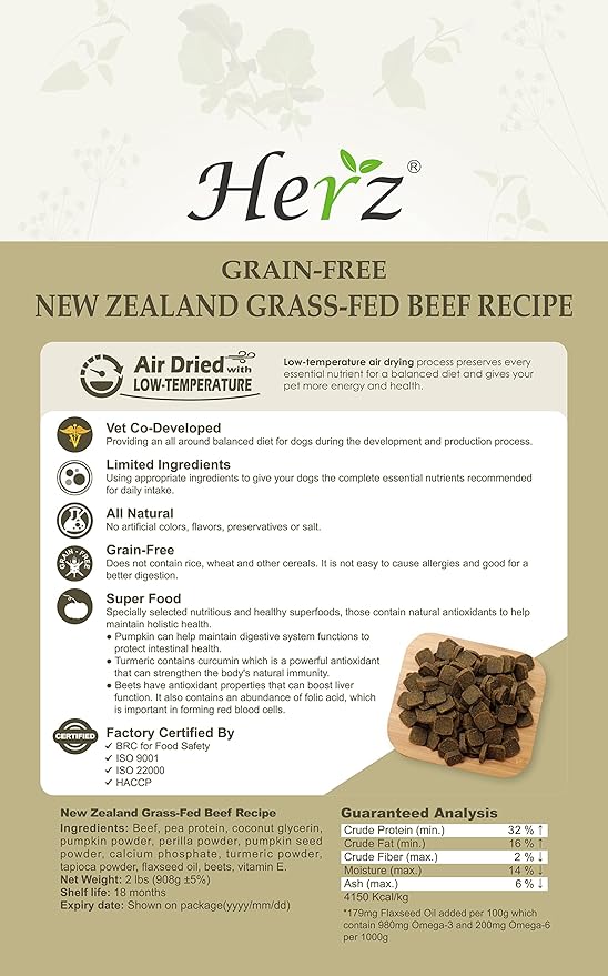 Herz Air-Dried Dog Food – New Zealand Grass-Fed Beef Recipe 2 lb, Single Pure-Meat, Grain Free, All Natural, High Protein, Limited Ingredients