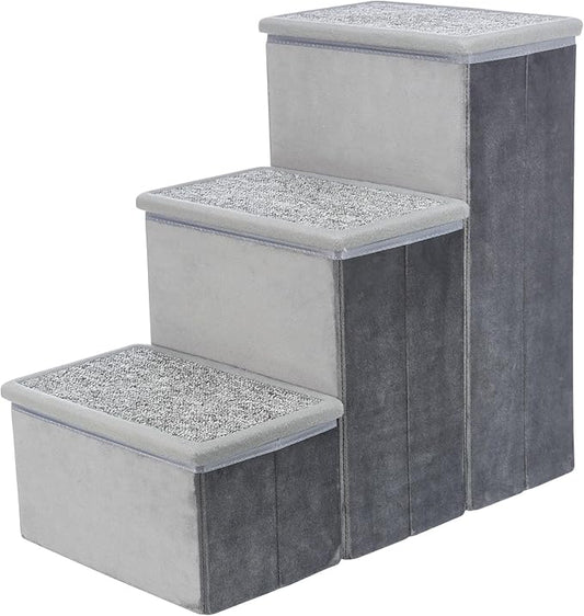 TRIXIE Velour 3-Step Pet Stairs with Storage, Collapsible, Storage Compartments for Pet Toys,Gray