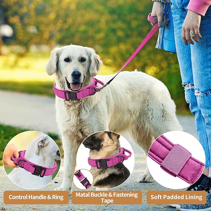 Tactical Dog Collar Heavy Duty Metal Buckle with Handle for Dog Training (Pink