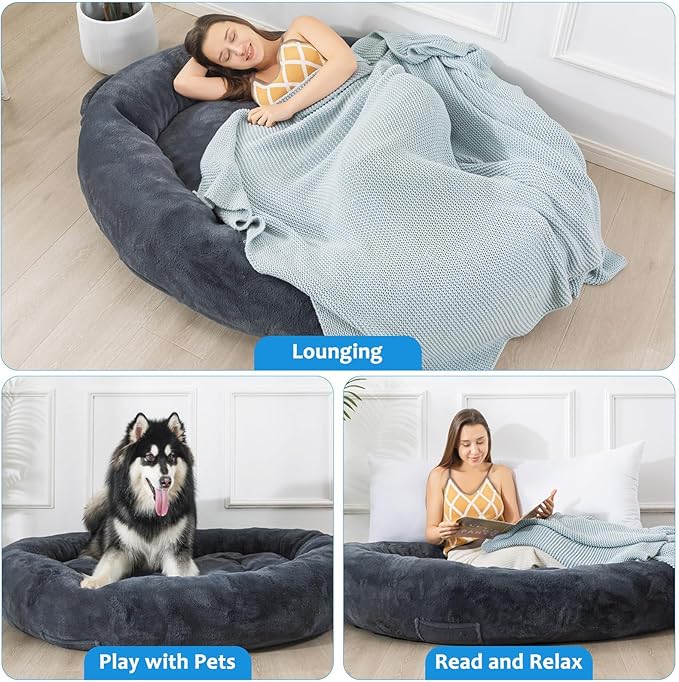 WhatsBedding Large Human Dog Bed 72"x48"x10" Human Size Dog Bed for People Adults,Soft Fur Oval Nap Beanbag Bed for Adults and Pets with Soft Fur Cover, Dark Gray