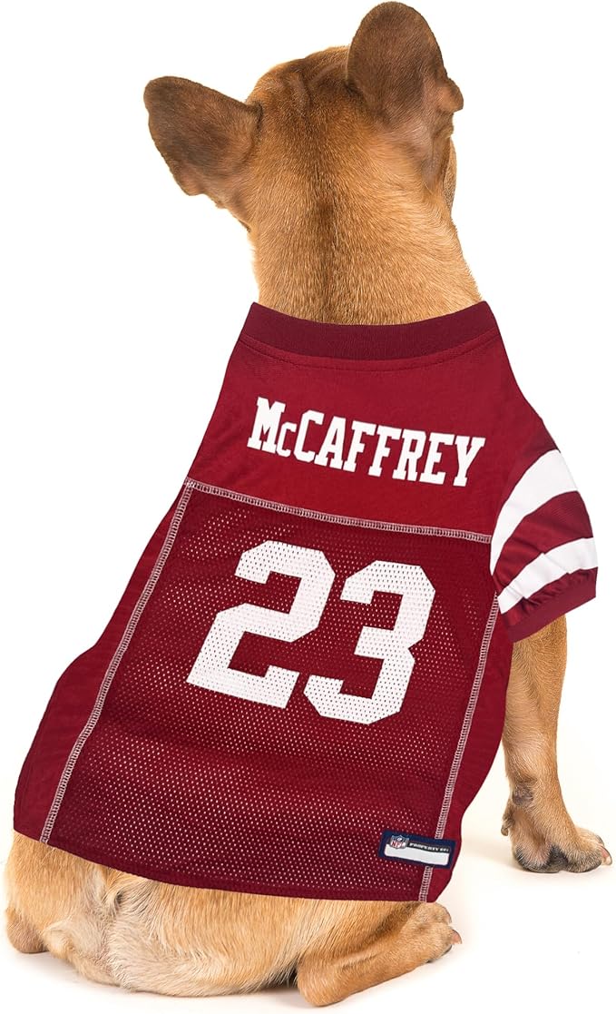 Pets First NFLPA Christian MCCAFFREY PET Jersey #23, NFL Dog Shirt, San Francisco 49ers Mesh Jersey, Size X-Small